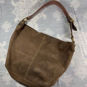 Lucky Brand brown cow hide suede bucket bag